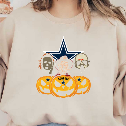 A playful Halloween-themed design featuring iconic horror characters and Dallas Cowboys pumpkins, perfect for fans of spooky sports! heat press transfers