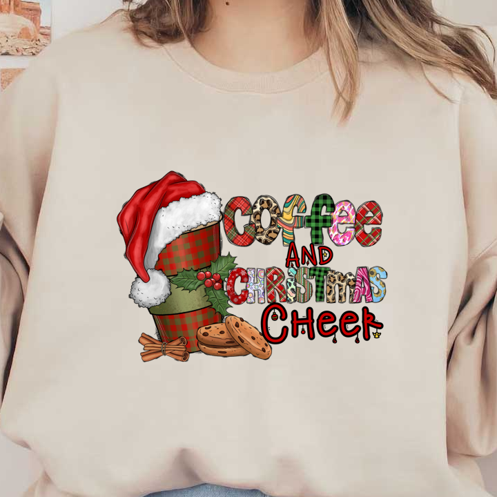 Festive design featuring a coffee cup with a Santa hat, surrounded by holiday-themed text, cookies, and cinnamon sticks for Christmas cheer.DTF Transfers heat press transfers dtf transfers