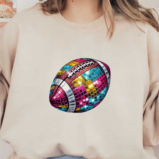 A vibrant, disco-themed football featuring colorful mirrored tiles in pink, blue, and yellow for a fun, eye-catching design.dtf regular iron