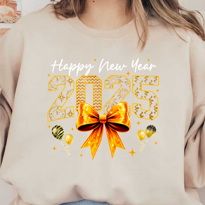 Celebrate the arrival of 2025 with a sparkling design featuring golden numbers, a dazzling bow, and festive balloons!DTF Transfersdtf regular iron dtf transfers