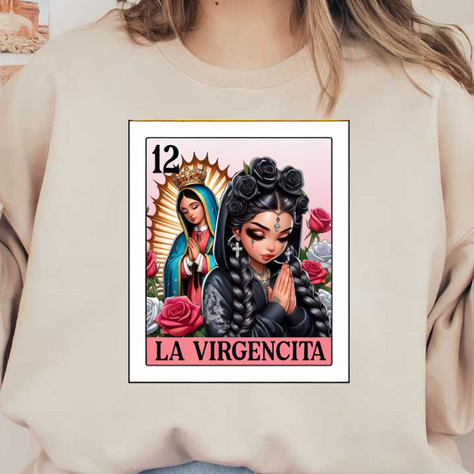Vibrant artwork featuring "La Virgencita," highlighting a woman in traditional attire with roses and a haloed figure in the background.
