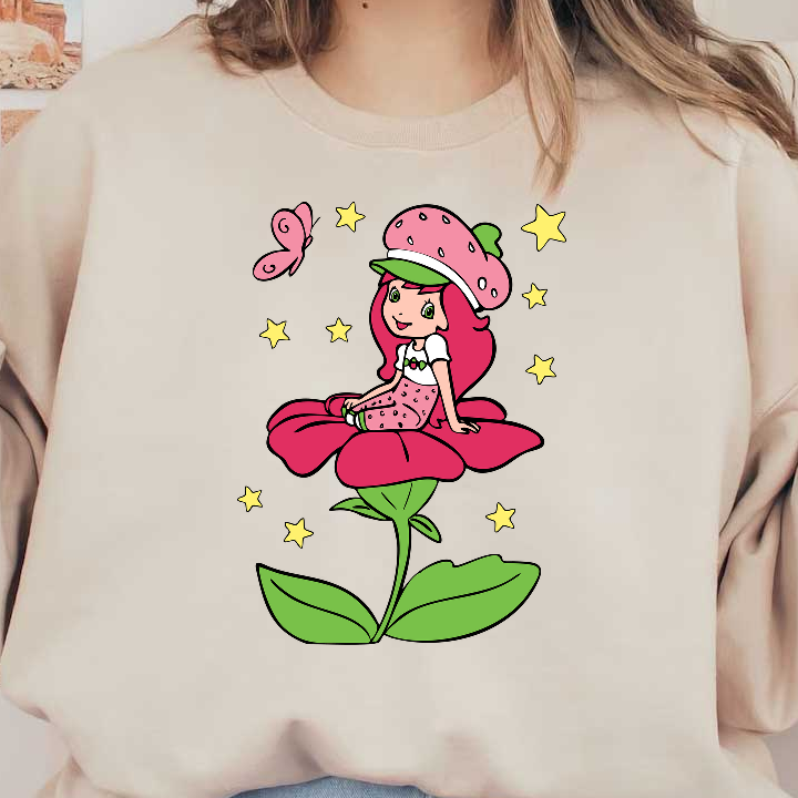 A cheerful strawberry-themed girl sits on a vibrant pink flower, surrounded by stars and a butterfly, radiating whimsical charm.DTF Transfers