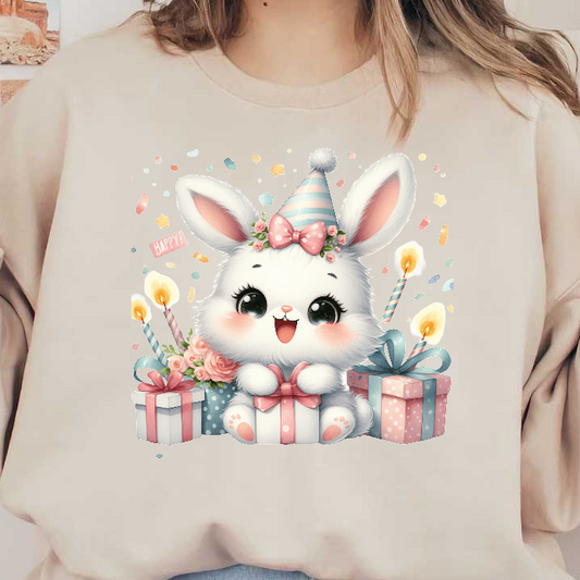 This adorable, fluffy bunny in a party hat is surrounded by colorful gifts, flowers, and candles, celebrating with joy!DTF Transfers