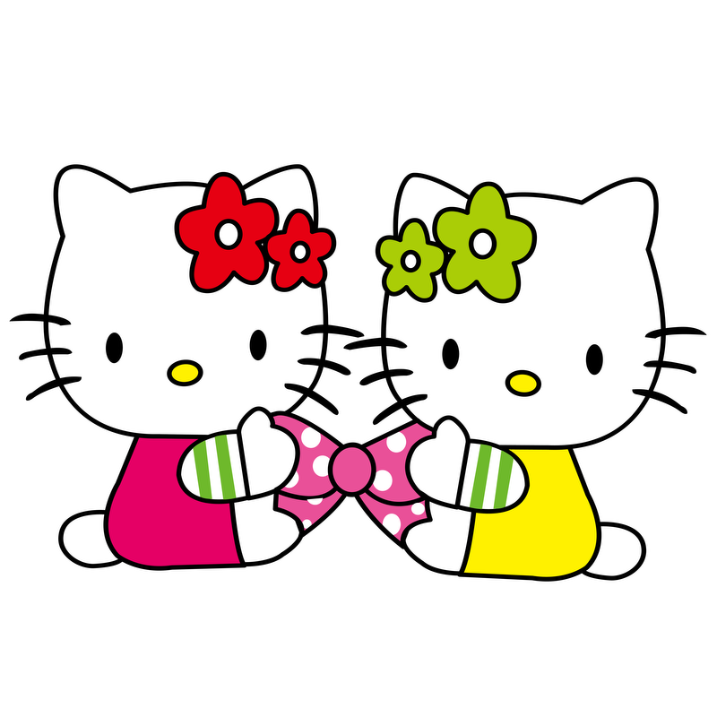 Two adorable Hello Kitty characters, dressed in pink and yellow with colorful flower accents, are holding a pink bow together.DTF Transfers