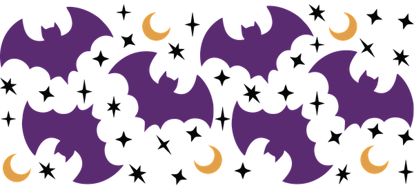 A playful pattern featuring purple bats and crescent moons set against a black background, perfect for Halloween decor!UV Transfers heat press transfers