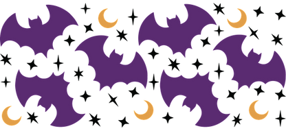 A playful pattern featuring purple bats and crescent moons set against a black background, perfect for Halloween decor!UV Transfers heat press transfers