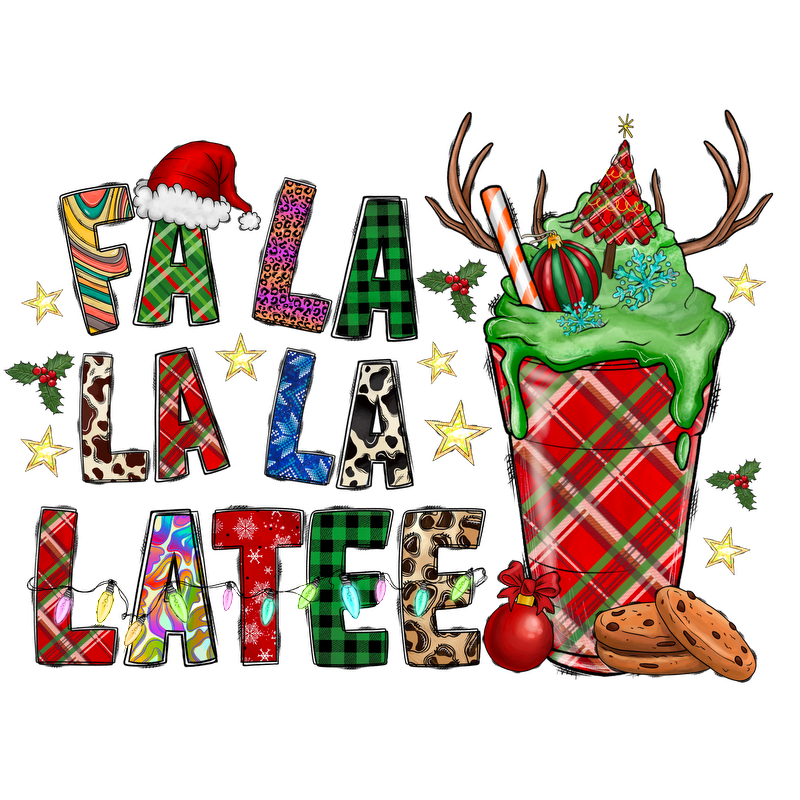 Celebrate the holiday season with this festive design featuring a cheerful latte topped with playful decorations and whimsical patterns!DTF Transfers dtf transfers