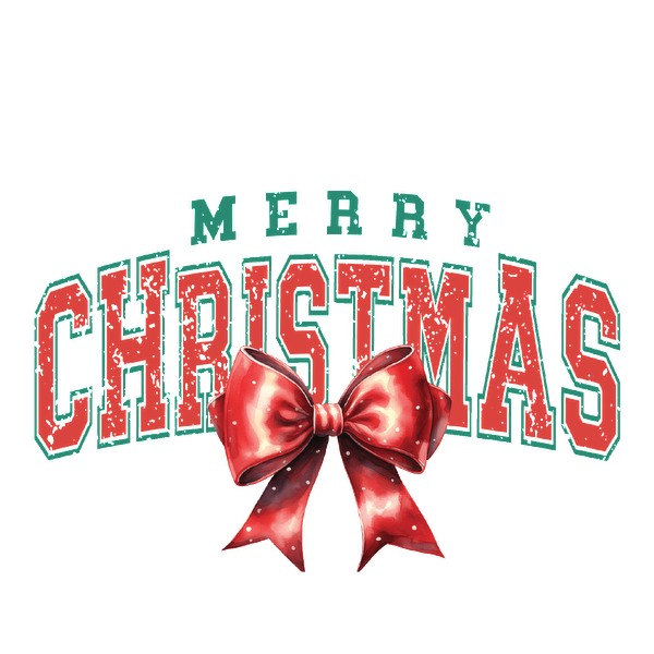 Festive "Merry Christmas" design featuring bold red letters and a vibrant red bow, perfect for holiday decorations! dtf transfers