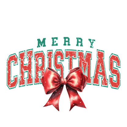 Festive "Merry Christmas" design featuring bold red letters and a vibrant red bow, perfect for holiday decorations! dtf transfers