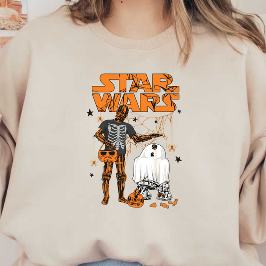 A playful Star Wars graphic featuring a skeletal robot in a Halloween costume alongside a cute ghost droid. dtf transfers