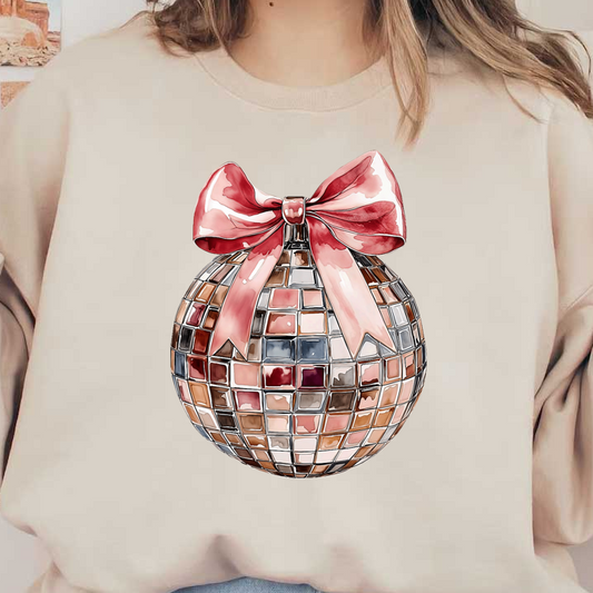 A playful illustration of a sparkling disco ball adorned with a lovely pink ribbon, perfect for adding festive flair to any setting.DTF Transfers heat press transfers dtf prints