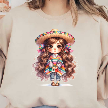 A cute girl in a colorful poncho and sombrero holds a Mexican flag, showcasing vibrant traditional attire. dtf prints