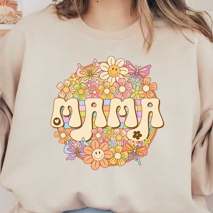 A cheerful floral design featuring the word "MAMA" surrounded by colorful flowers and playful butterflies, perfect for celebrating mothers.dtf regular iron