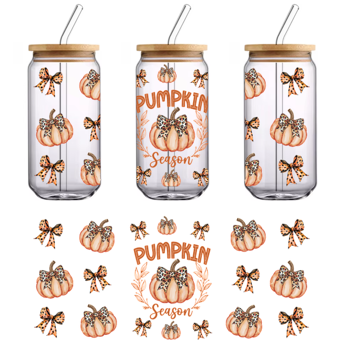 A vibrant fall-themed design featuring decorative pumpkins and leopard-print bows, celebrating the whimsical spirit of "Pumpkin Season."UV Transfers dtf prints