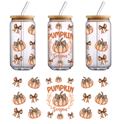 A vibrant fall-themed design featuring decorative pumpkins and leopard-print bows, celebrating the whimsical spirit of "Pumpkin Season."UV Transfers dtf prints