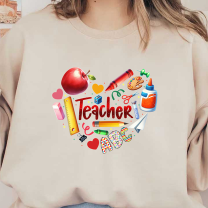 Celebrate education with this vibrant collection of school supplies, an apple, and a heartwarming "Teacher" centerpiece!DTF Transfers