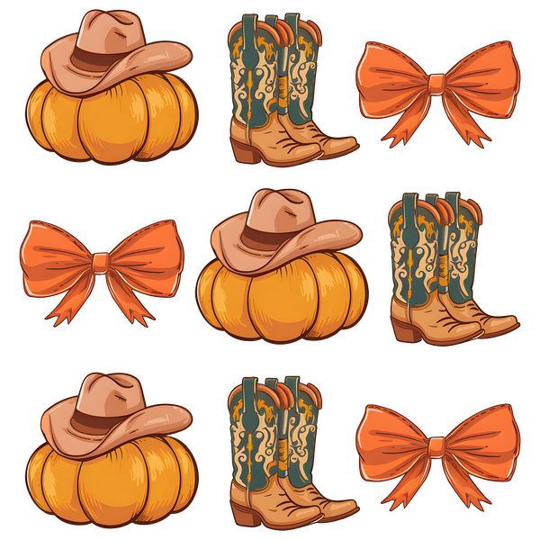 ¡Una colección divertida y festiva con sombreros de vaquero, botas adornadas, calabazas naranjas y lazos vibrantes, perfectos para las celebraciones de otoño!