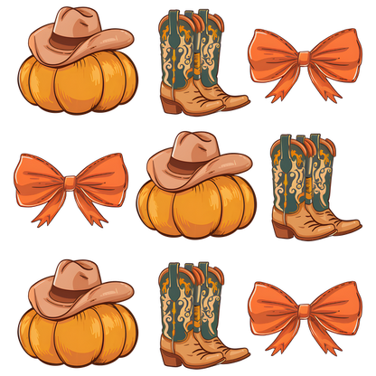 ¡Una colección divertida y festiva con sombreros de vaquero, botas adornadas, calabazas naranjas y lazos vibrantes, perfectos para las celebraciones de otoño!