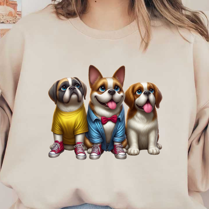 Un encantador trío de perros, vestidos con trajes coloridos, que incluyen una camisa amarilla, una camisa azul abotonada y una pajarita roja.