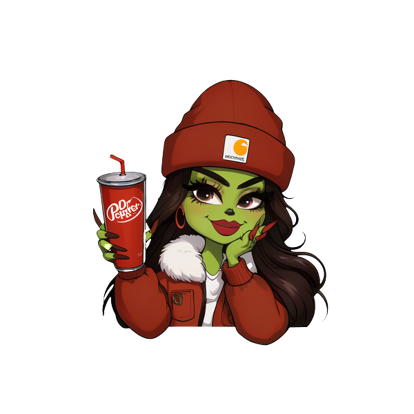 A stylish cartoon character with green skin, wearing a beanie, cozy jacket, and holding a Dr Pepper drink.DTF Transfers dtf prints