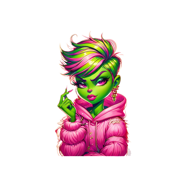 This vibrant illustration features a stylish green character with colorful hair, wearing a pink hoodie and striking a confident pose.DTF Transfers