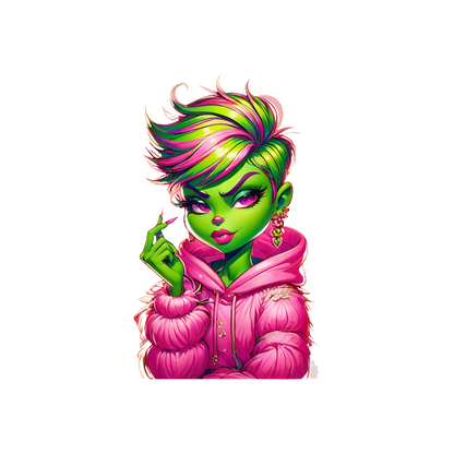 This vibrant illustration features a stylish green character with colorful hair, wearing a pink hoodie and striking a confident pose.DTF Transfers