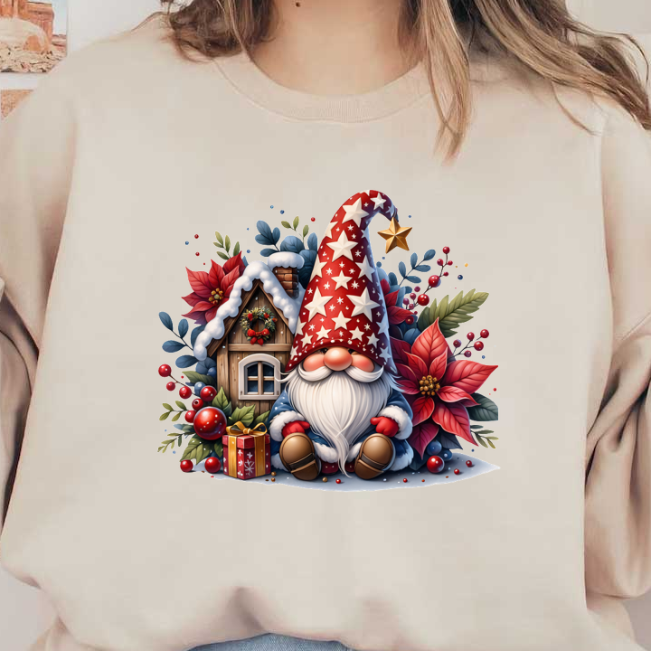 Cheerful holiday gnome with a star-patterned hat sits near a cozy decorated house, surrounded by festive flowers and ornaments.DTF Transfers dtf prints