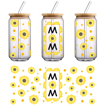 A vibrant sunflower pattern featuring various sizes of bright yellow flowers surrounding a central rectangular frame, perfect for a cheerful design.UV Transfersdtf regular iron