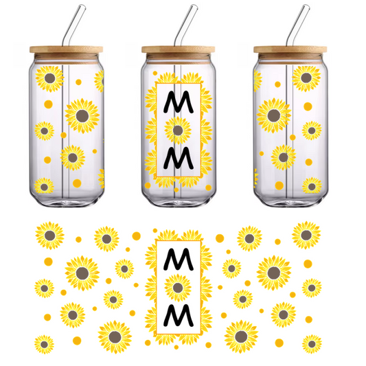 A vibrant sunflower pattern featuring various sizes of bright yellow flowers surrounding a central rectangular frame, perfect for a cheerful design.UV Transfersdtf regular iron