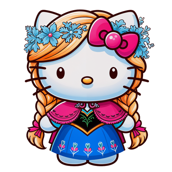 A cute, illustrated Hello Kitty character dressed in a traditional folk costume with flower adornments and vibrant colors.DTF Transfersdtf regular iron