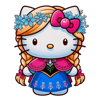 A cute, illustrated Hello Kitty character dressed in a traditional folk costume with flower adornments and vibrant colors.DTF Transfersdtf regular iron