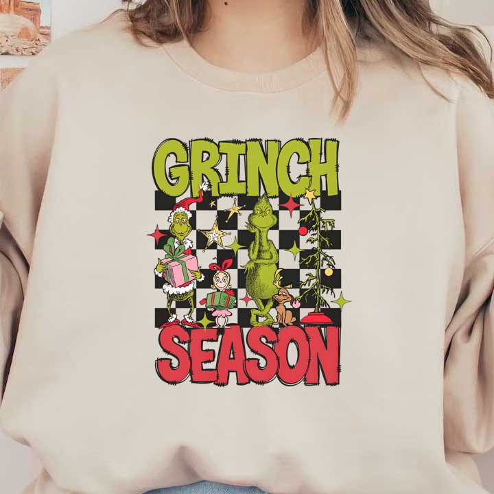 Celebrate the festive spirit with this vibrant "Grinch Season" design featuring the Grinch, Cindy Lou Who, and their adorable companions!DTF Transfers dtf prints