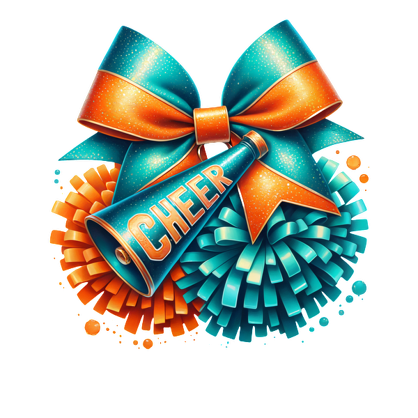 A vibrant graphic featuring a cheer megaphone with "CHEER" text, surrounded by colorful pom-poms and a sparkling bow.DTF Transfersdtf regular iron