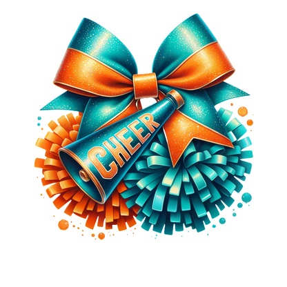 A vibrant graphic featuring a cheer megaphone with "CHEER" text, surrounded by colorful pom-poms and a sparkling bow.DTF Transfersdtf regular iron