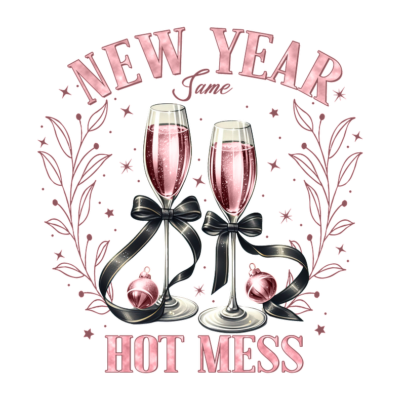 Celebrate the New Year with a playful "Hot Mess" design featuring two elegantly adorned champagne flutes and festive decorations!DTF Transfersdtf regular iron