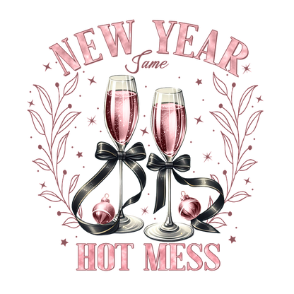 Celebrate the New Year with a playful "Hot Mess" design featuring two elegantly adorned champagne flutes and festive decorations!DTF Transfersdtf regular iron