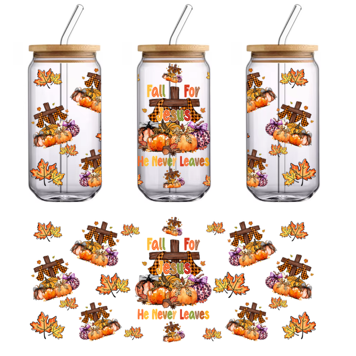 Este encantador gráfico con temática otoñal presenta calabazas, hojas otoñales y una cruz, que celebran el mensaje "Enamórate de Jesús". Transferencias UV