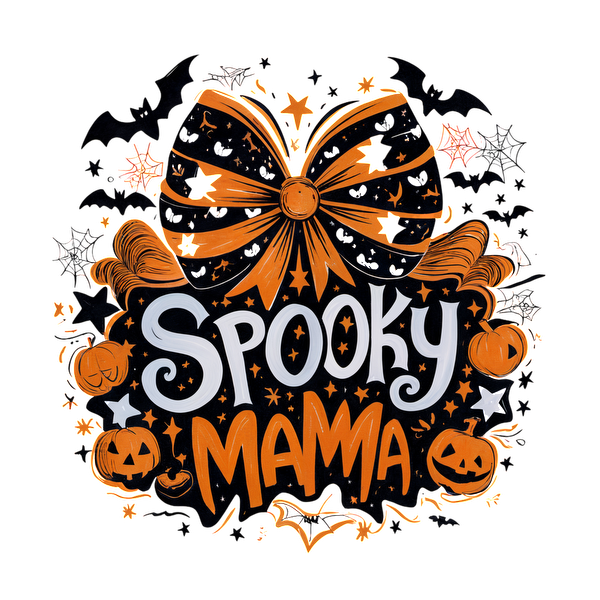 Un divertido diseño con temática de Halloween que presenta las palabras "Spooky Mama" en medio de calabazas y un lazo festivo en naranja y negro.