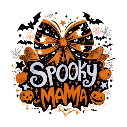 Un divertido diseño con temática de Halloween que presenta las palabras "Spooky Mama" en medio de calabazas y un lazo festivo en naranja y negro.