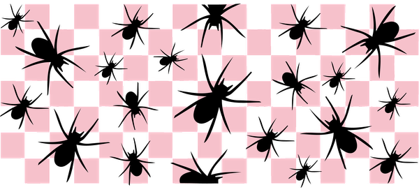 A stylish pink and black pattern featuring abstract spider-like shapes against a checkerboard background, creating a bold visual impact.UV Transfersdtf regular iron