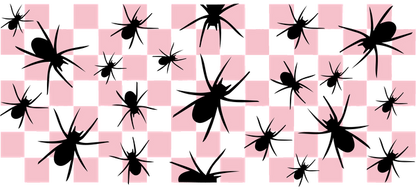 A stylish pink and black pattern featuring abstract spider-like shapes against a checkerboard background, creating a bold visual impact.UV Transfersdtf regular iron