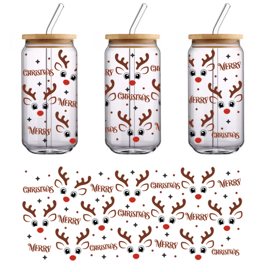 A festive pattern featuring playful reindeer faces and cheerful "Merry Christmas" text in vibrant colors, perfect for holiday decor.UV Transfers dtf transfers