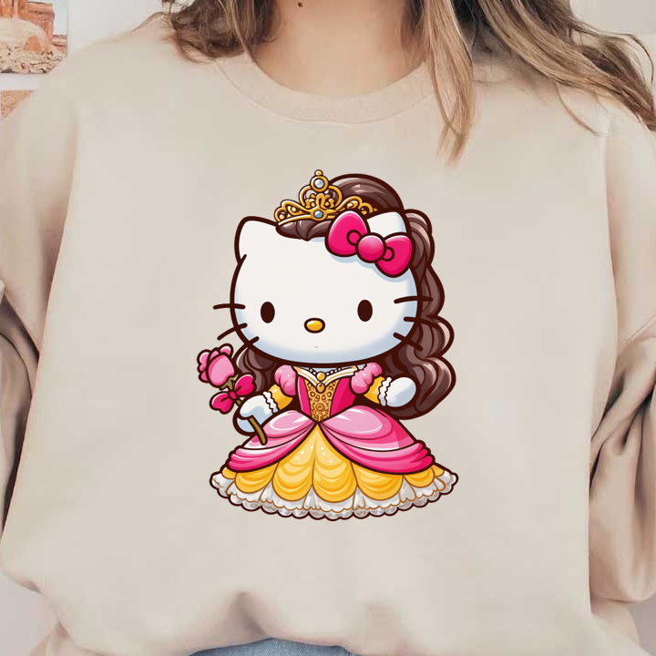 Adorable Hello Kitty dressed as a princess, complete with a pink gown, crown, and a bouquet of flowers.DTF Transfers heat press transfers