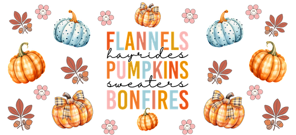 Celebrate the cozy vibes of fall with colorful pumpkins, flannels, and bonfire themes in this charming decorative design!UV Transfers dtf transfers