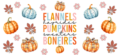 Celebrate the cozy vibes of fall with colorful pumpkins, flannels, and bonfire themes in this charming decorative design!UV Transfers dtf transfers