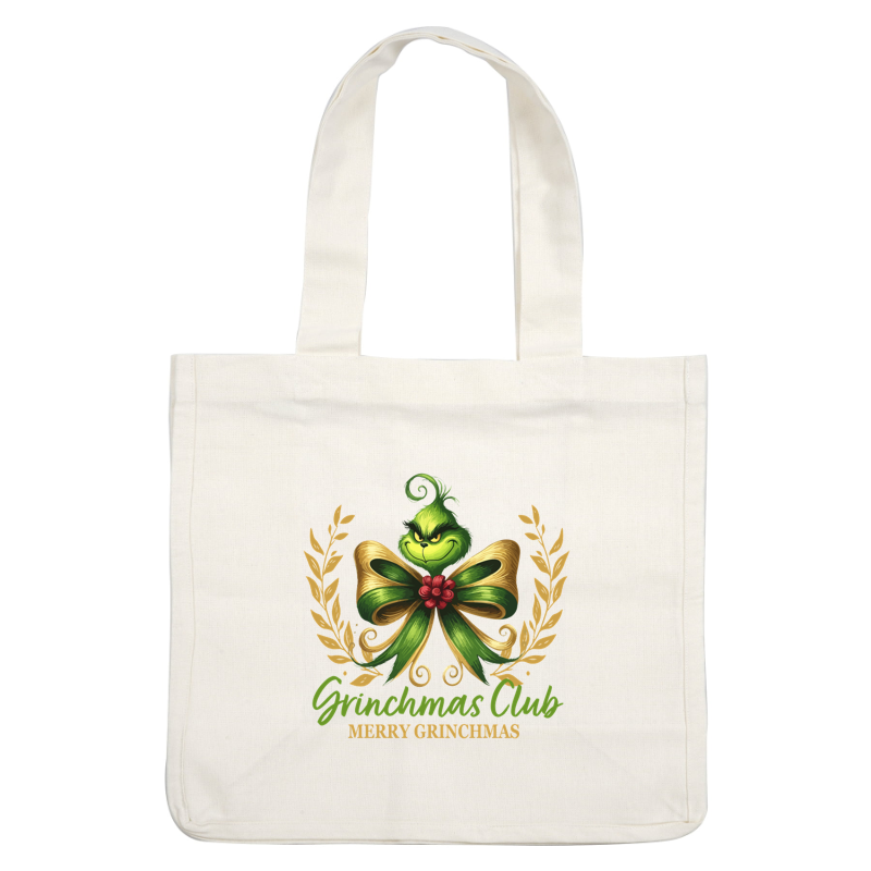 Celebrate the holiday spirit with this vibrant Grinchmas Club logo featuring the iconic Grinch and festive ribbon design. dtf transfers