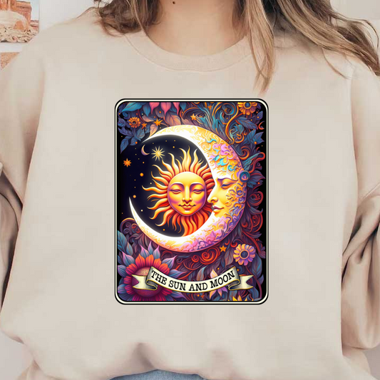 Una obra de arte vibrante que presenta un sol y una luna entrelazados, rodeados de flores coloridas, adornado con la frase "El Sol y la Luna".