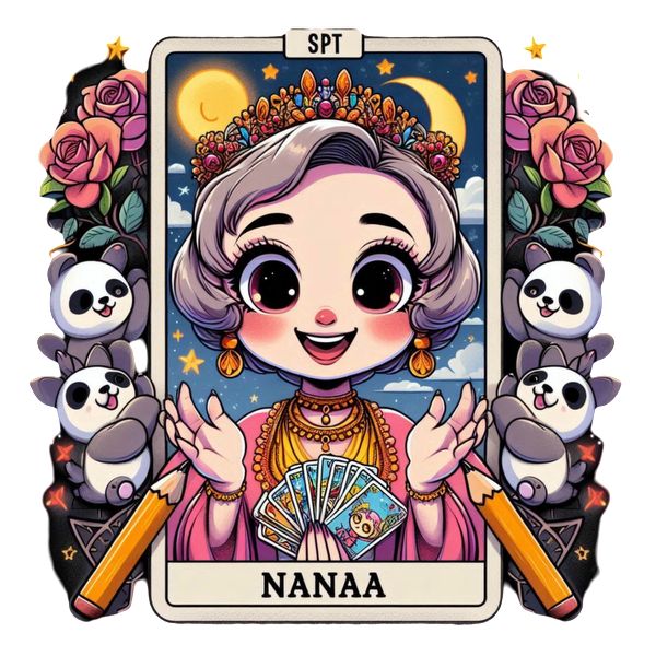 Una ilustración caprichosa de un personaje alegre llamado Nana, adornado con joyas, rodeado de pandas y flores, sosteniendo cartas del tarot.