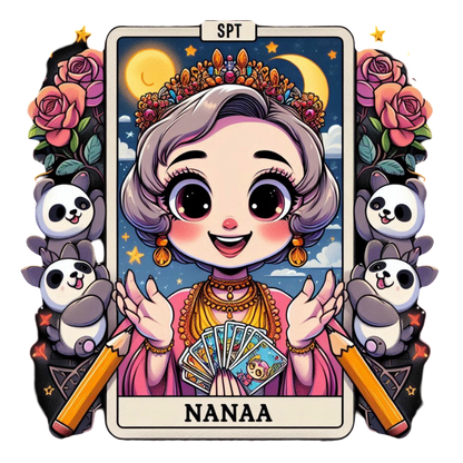 Una ilustración caprichosa de un personaje alegre llamado Nana, adornado con joyas, rodeado de pandas y flores, sosteniendo cartas del tarot.