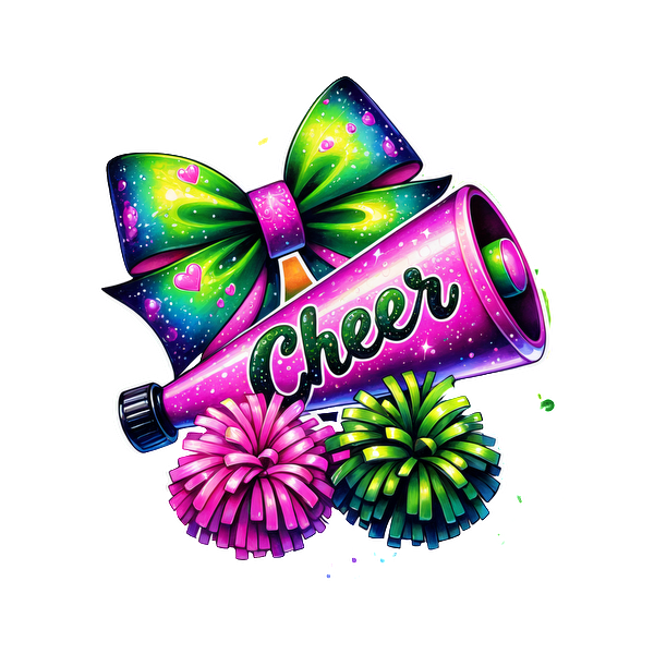 A vibrant cheer-themed illustration featuring a megaphone, colorful pom-poms, and a sparkling bow, perfect for team spirit!DTF Transfers dtf transfers